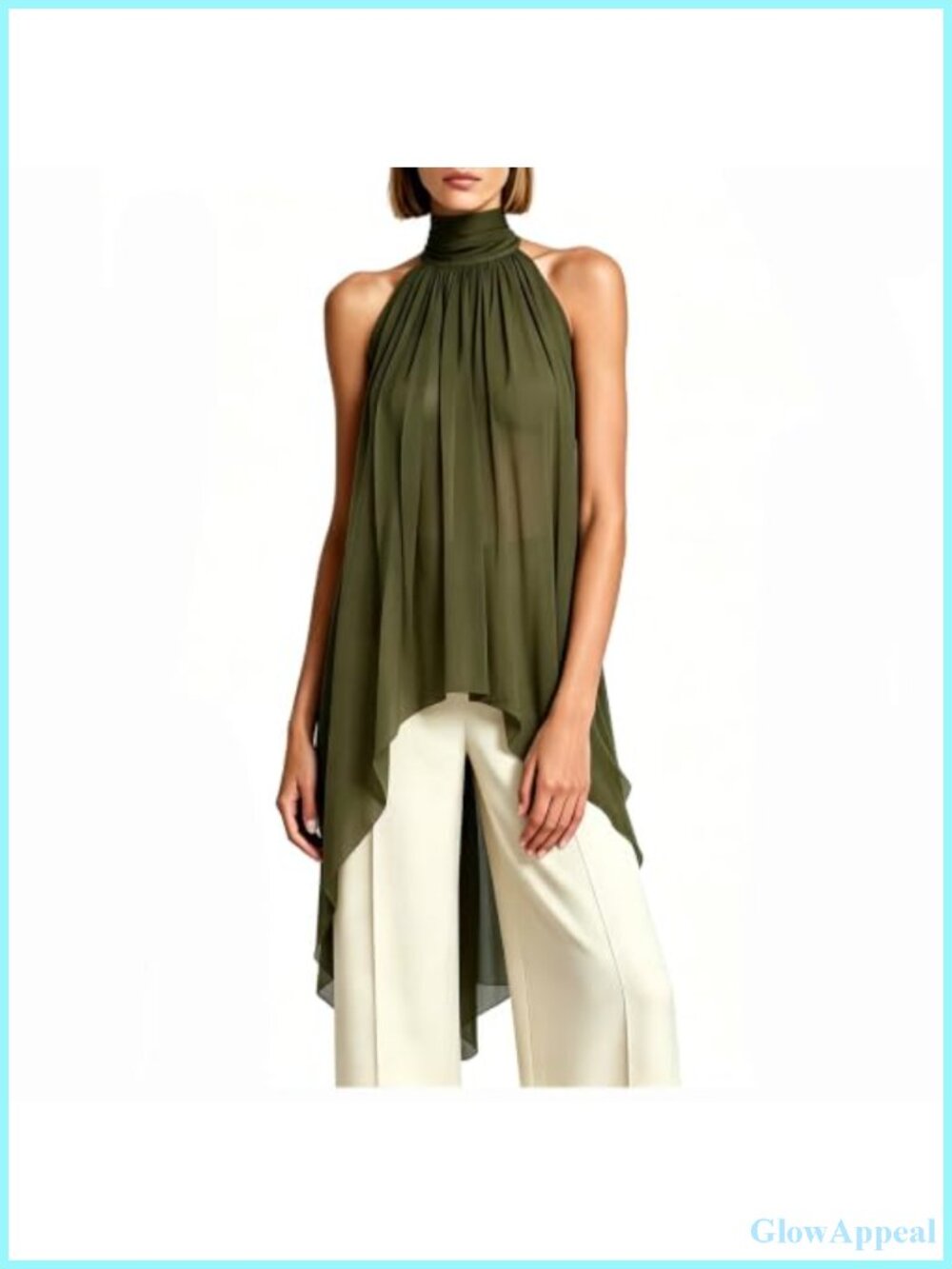 Sheer Chiffon Halter Tank Top High Low Bow Tie Mock Neck Sleeveless Flowy Tunic